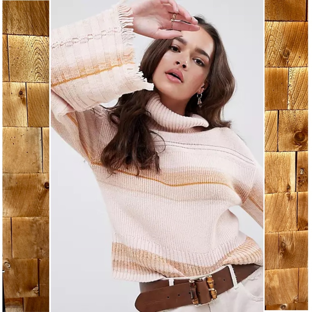 Free People Close To Me Flare Bell Sleeve Cropped Striped Turtleneck Sweater S